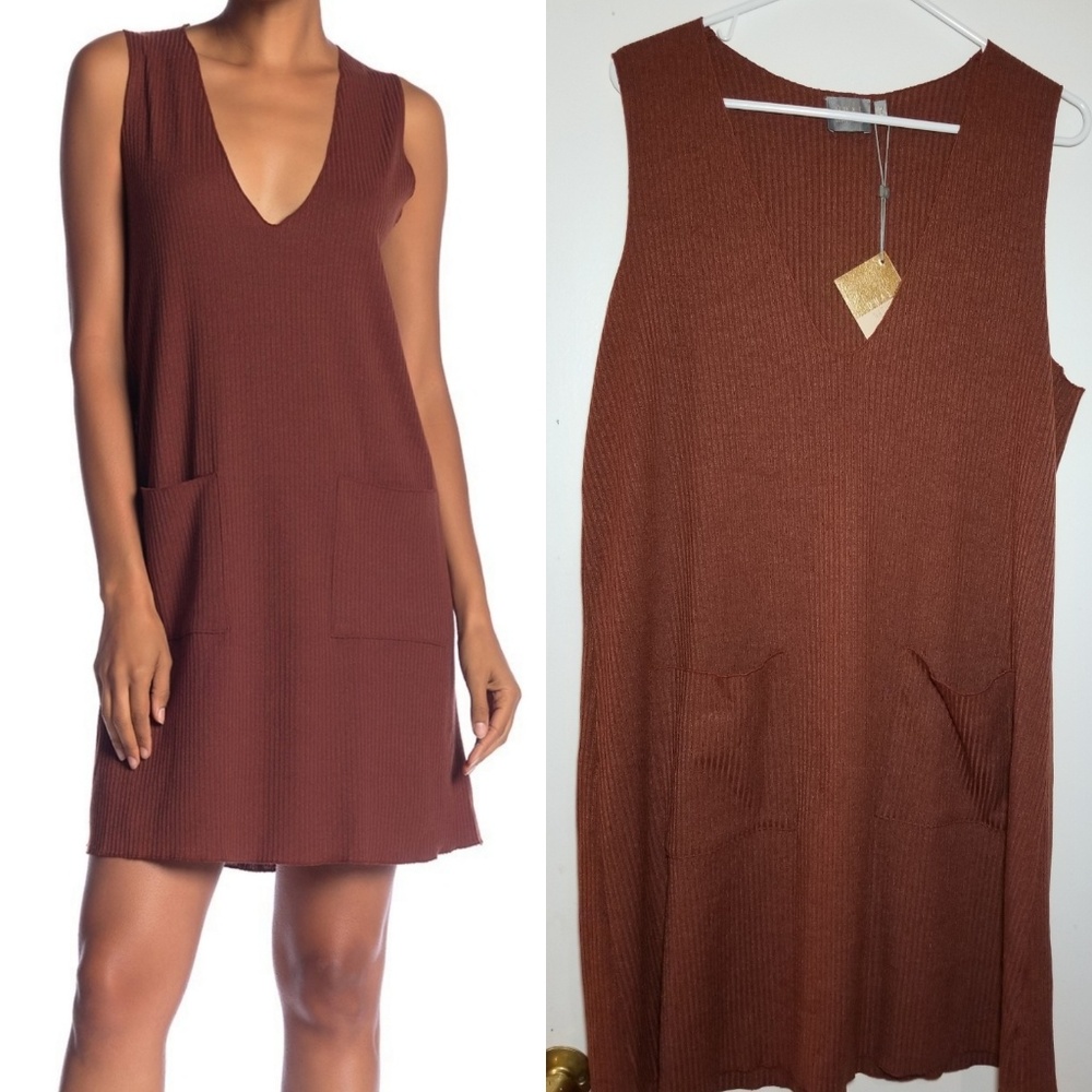 Dual Nature Ribbed Knit V-Neck Mini Dress M NWT